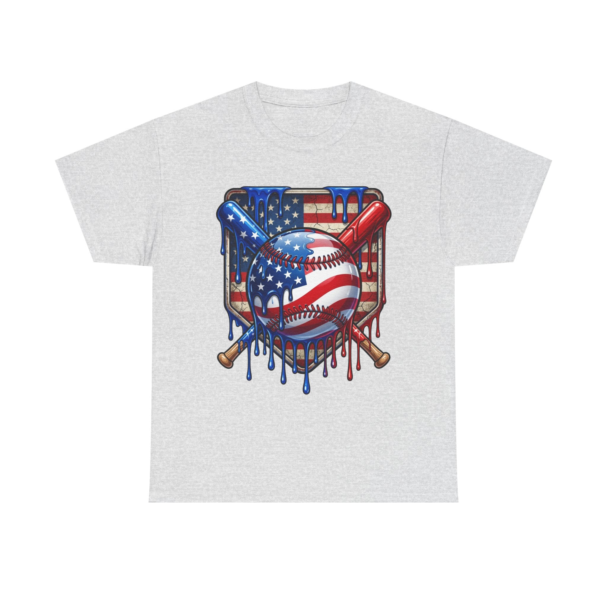 American Flag Baseball T-Shirt | USA patriotic baseball heart, dripping paint, bats, Fourth of July