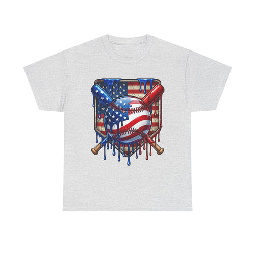 American Flag Baseball T-Shirt | USA patriotic baseball heart, dripping paint, bats, Fourth of July