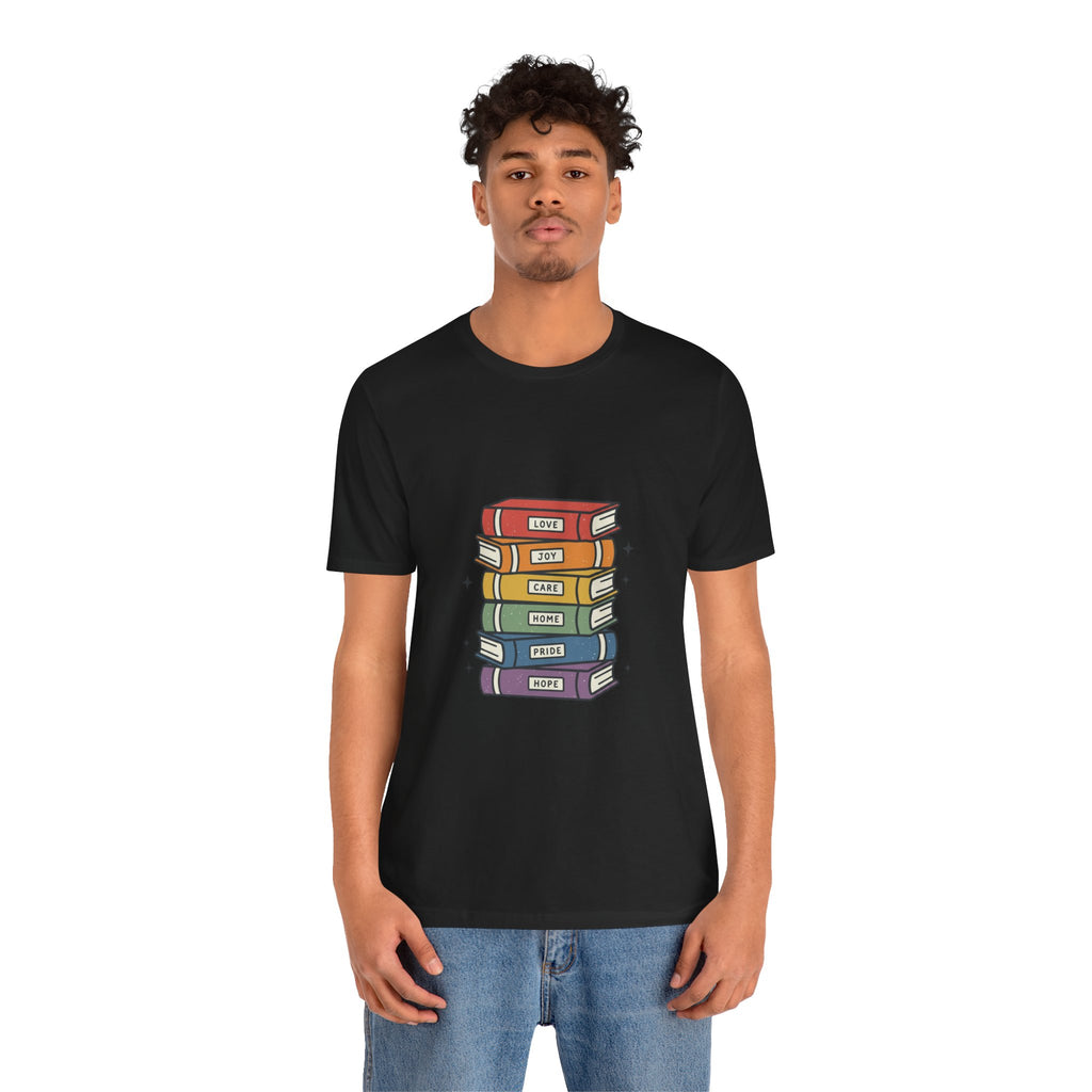 Rainbow Book Stack T-Shirt | Pride graphic, queer affirming tee