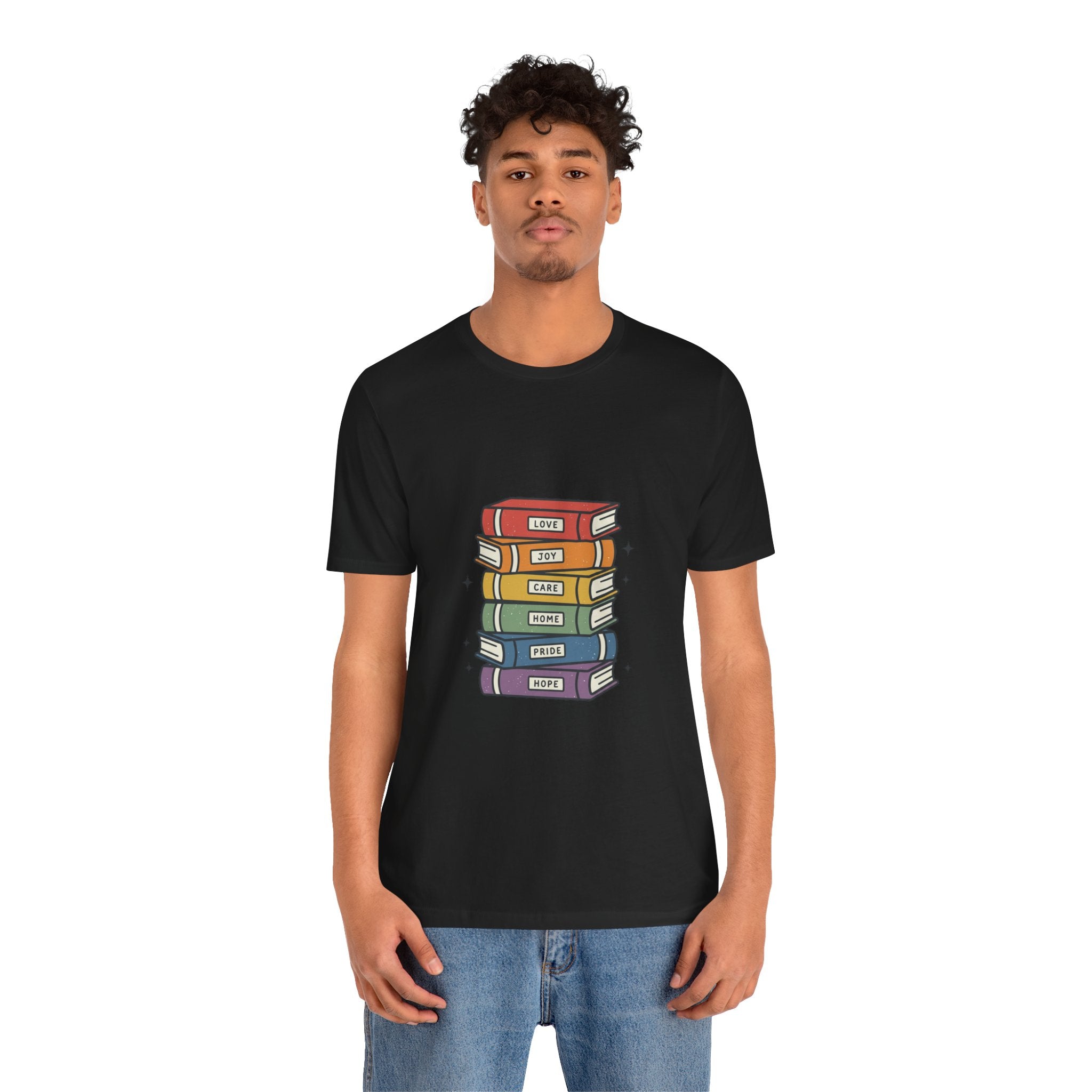 Rainbow Book Stack T-Shirt | Pride graphic, queer affirming tee