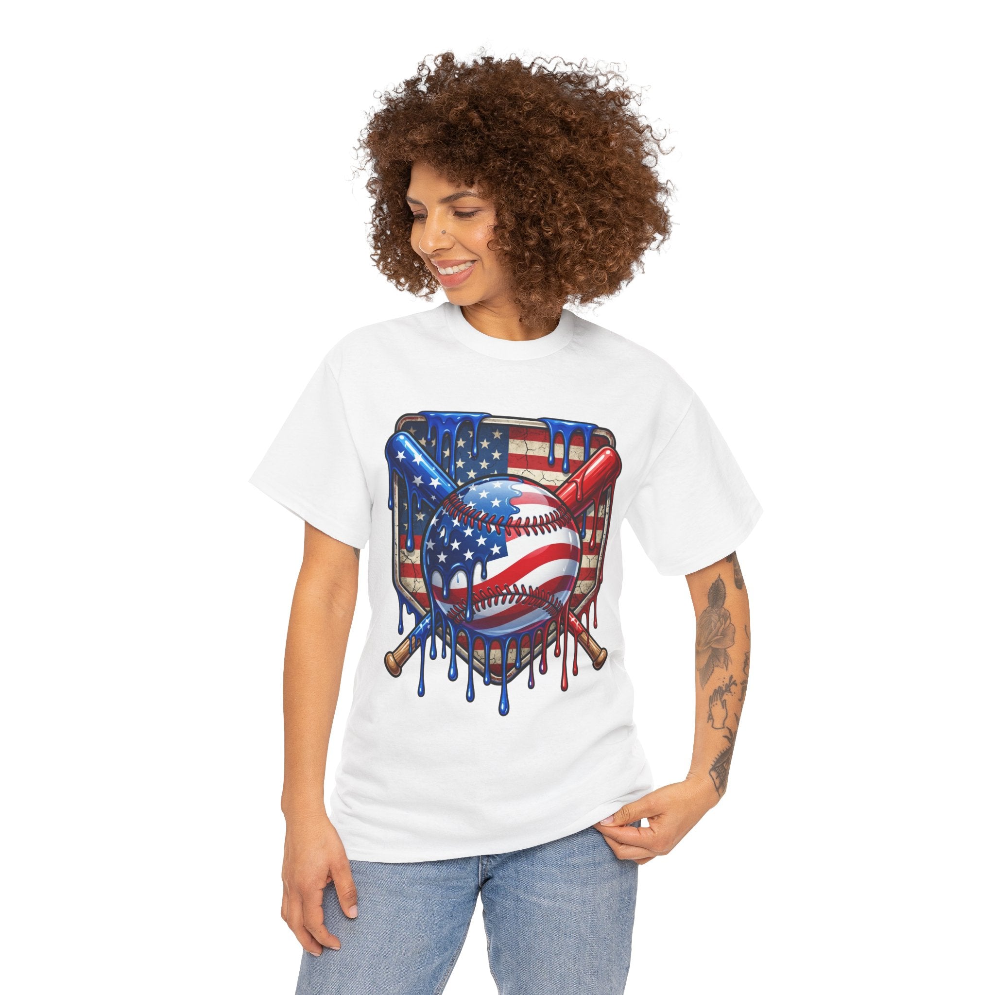 American Flag Baseball T-Shirt | USA patriotic baseball heart, dripping paint, bats, Fourth of July