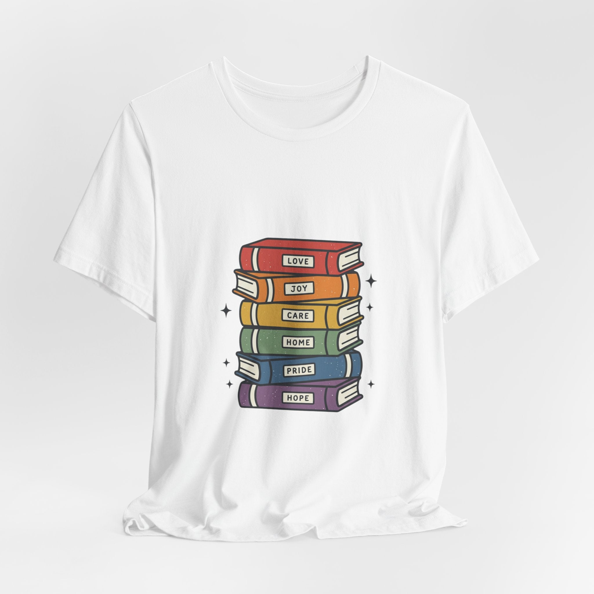 Rainbow Book Stack T-Shirt | Pride graphic, queer affirming tee