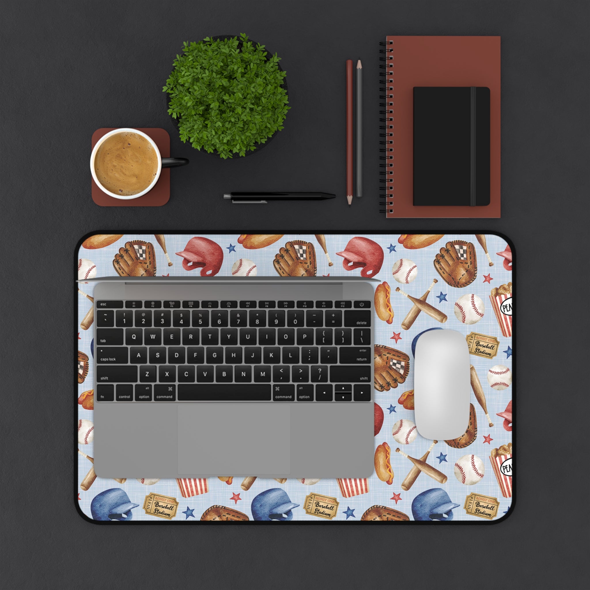 Baseball Pattern Desk Mat | Helmets, Gloves, Bats, Popcorn