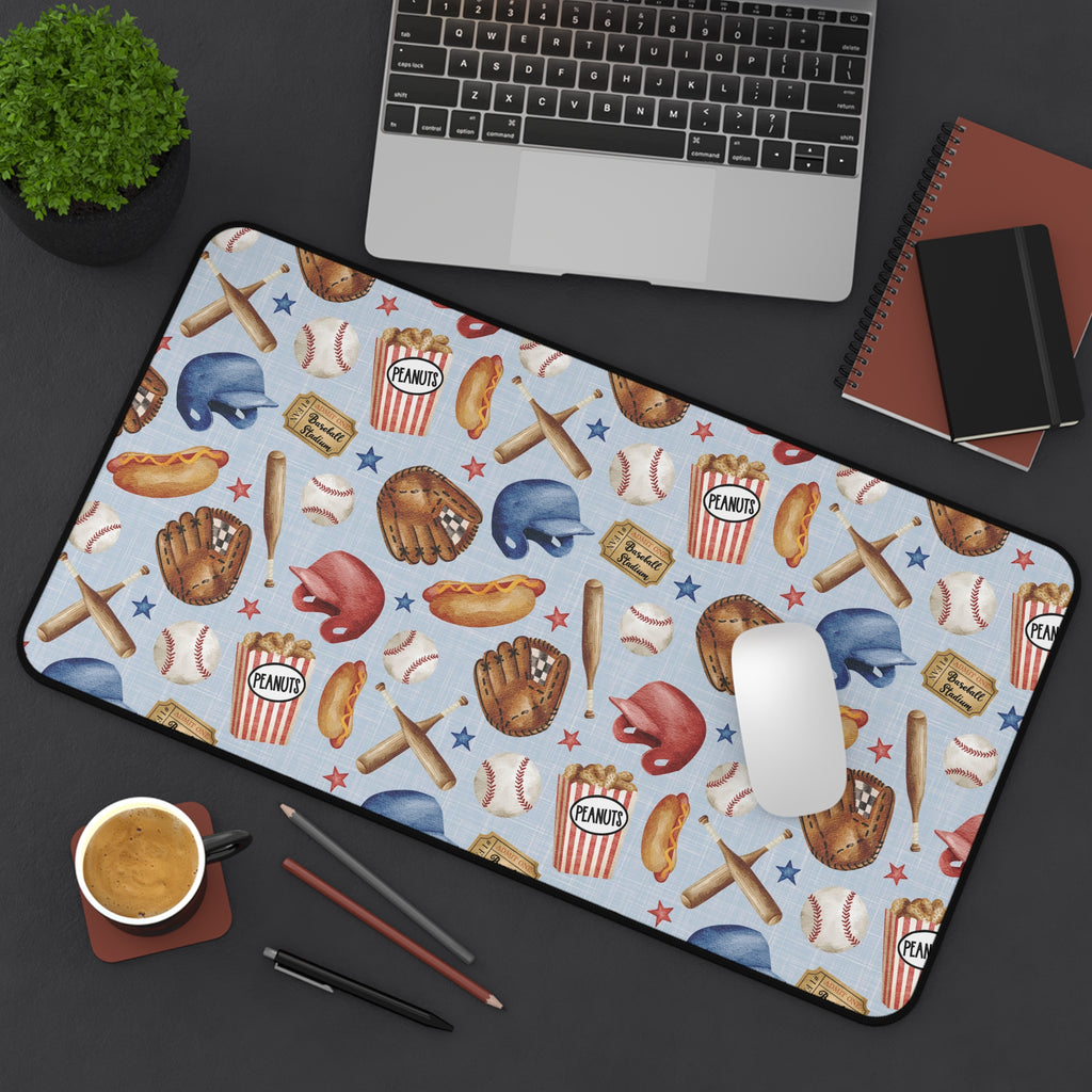 Baseball Pattern Desk Mat | Helmets, Gloves, Bats, Popcorn