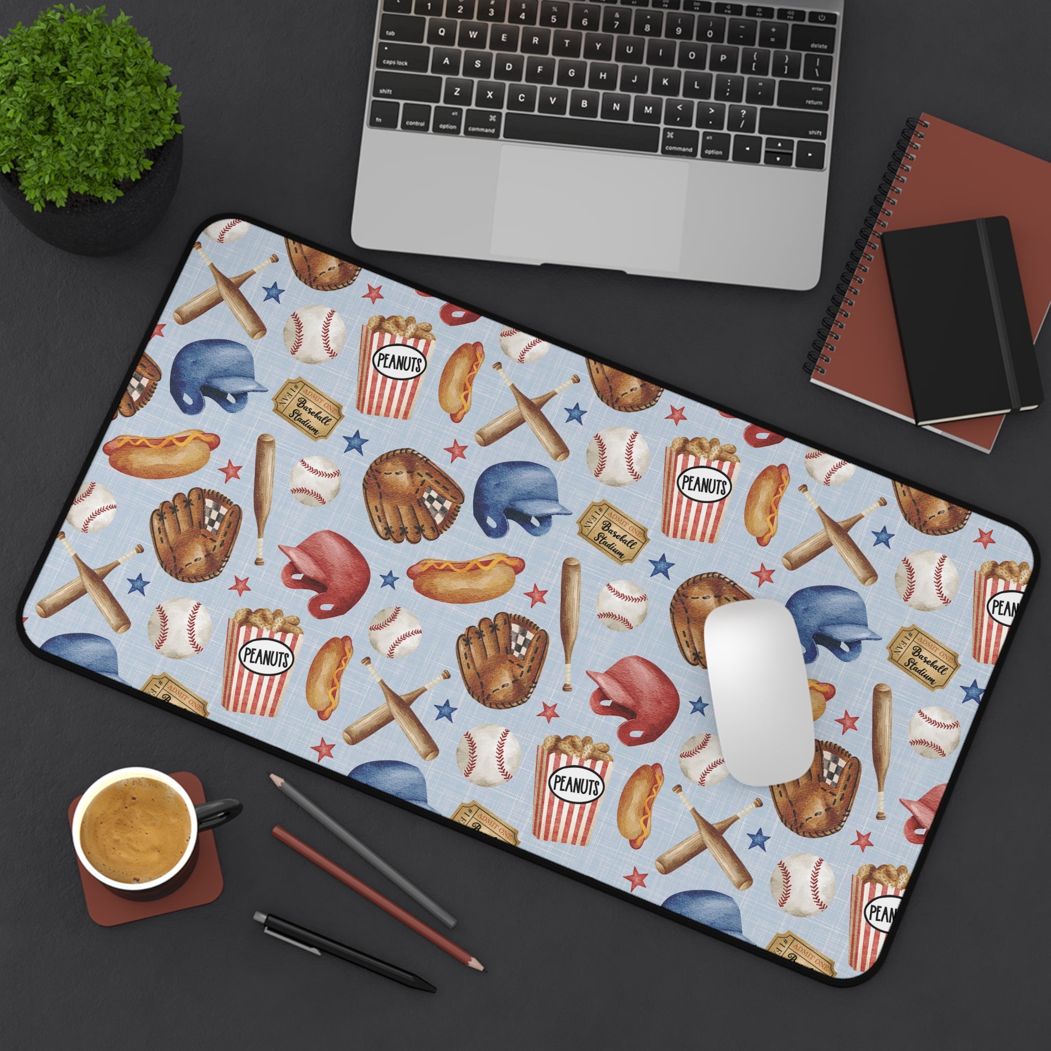 Baseball Pattern Desk Mat | Helmets, Gloves, Bats, Popcorn