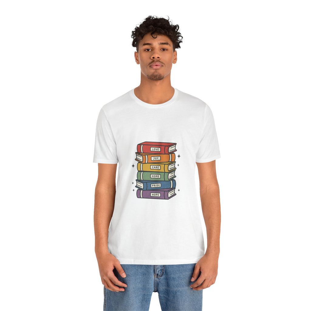 Rainbow Book Stack T-Shirt | Pride graphic, queer affirming tee