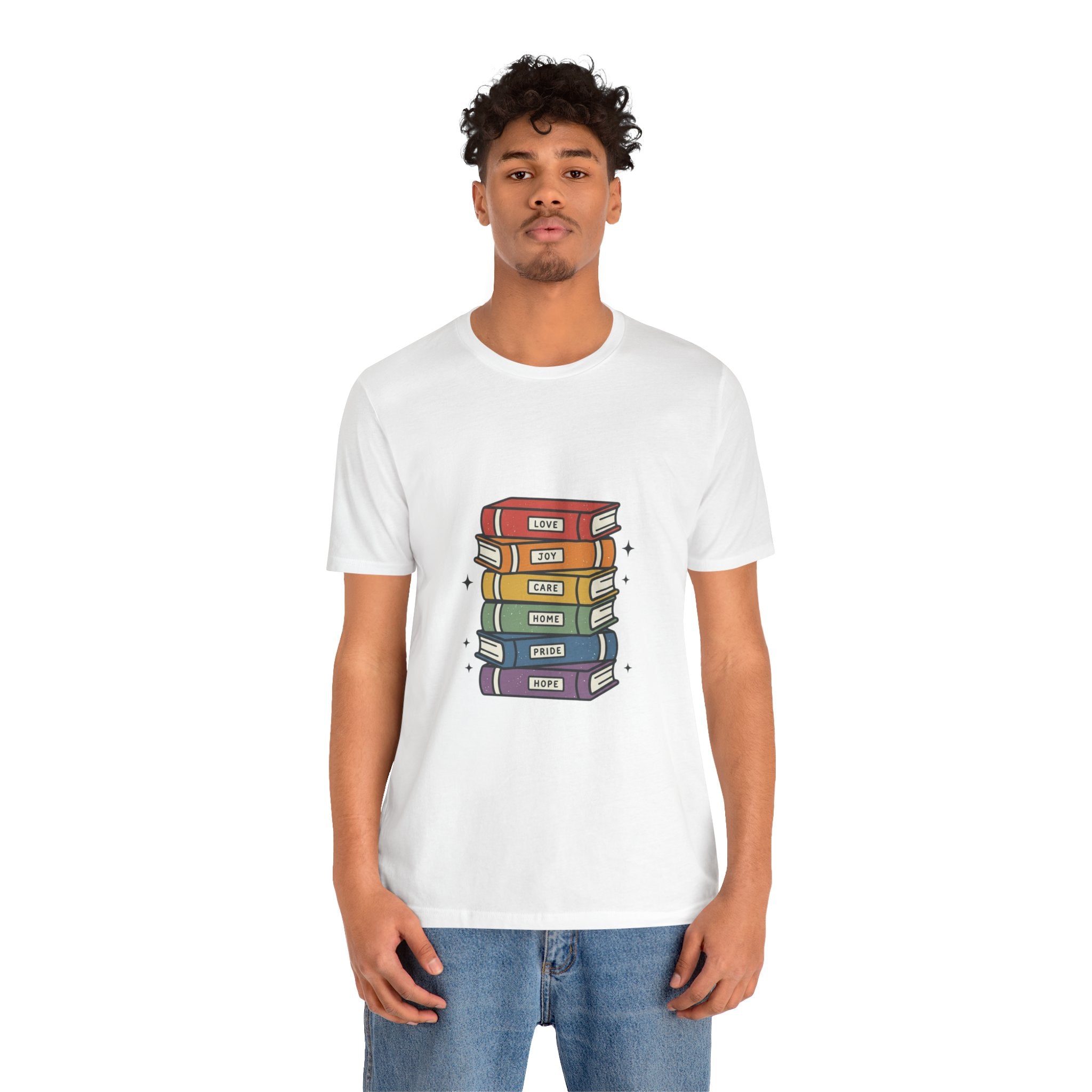 Rainbow Book Stack T-Shirt | Pride graphic, queer affirming tee