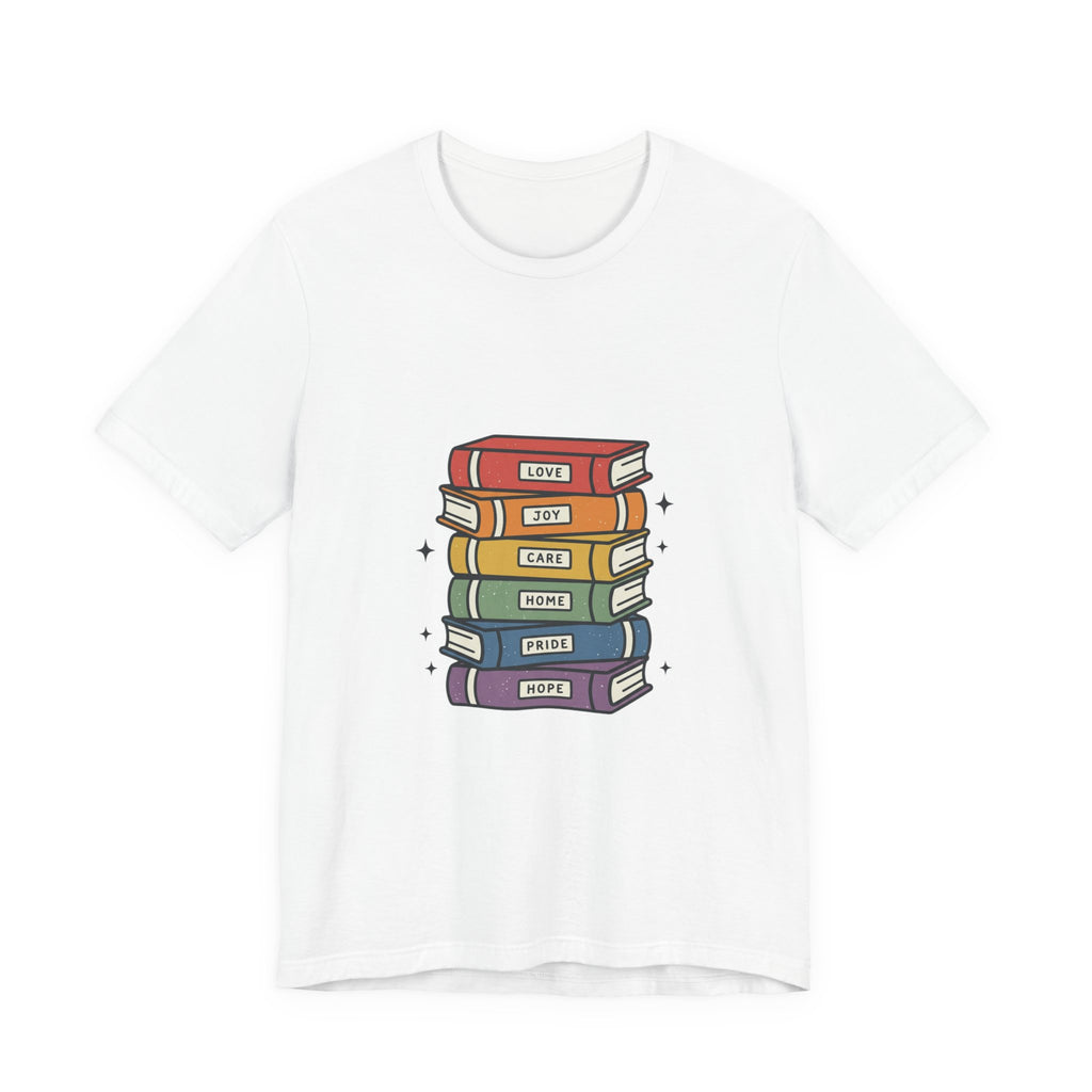 Rainbow Book Stack T-Shirt | Pride graphic, queer affirming tee
