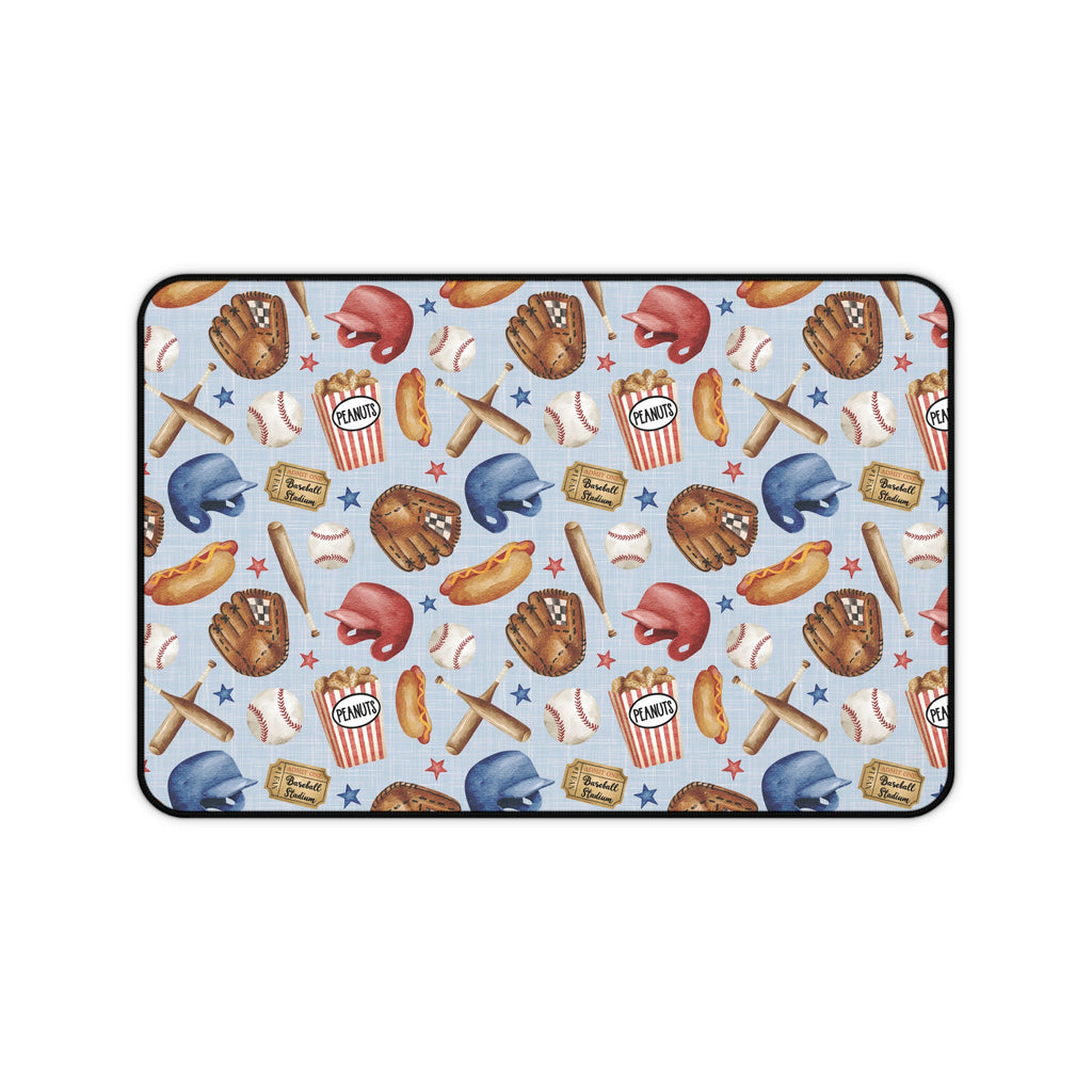Baseball Pattern Desk Mat | Helmets, Gloves, Bats, Popcorn