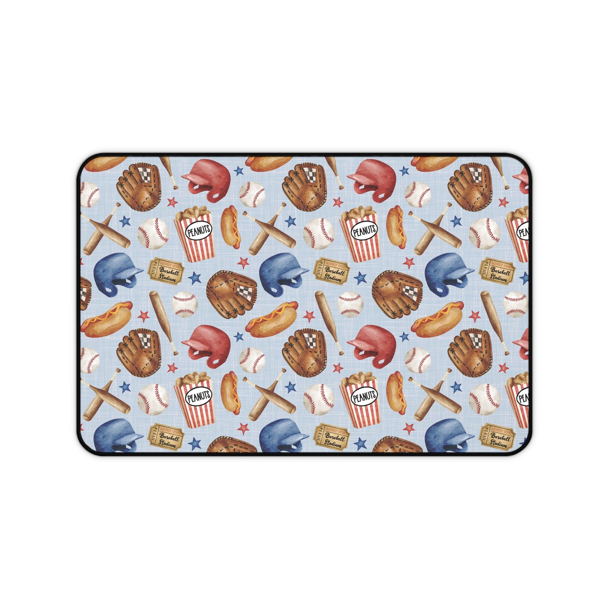 Baseball Pattern Desk Mat | Helmets, Gloves, Bats, Popcorn