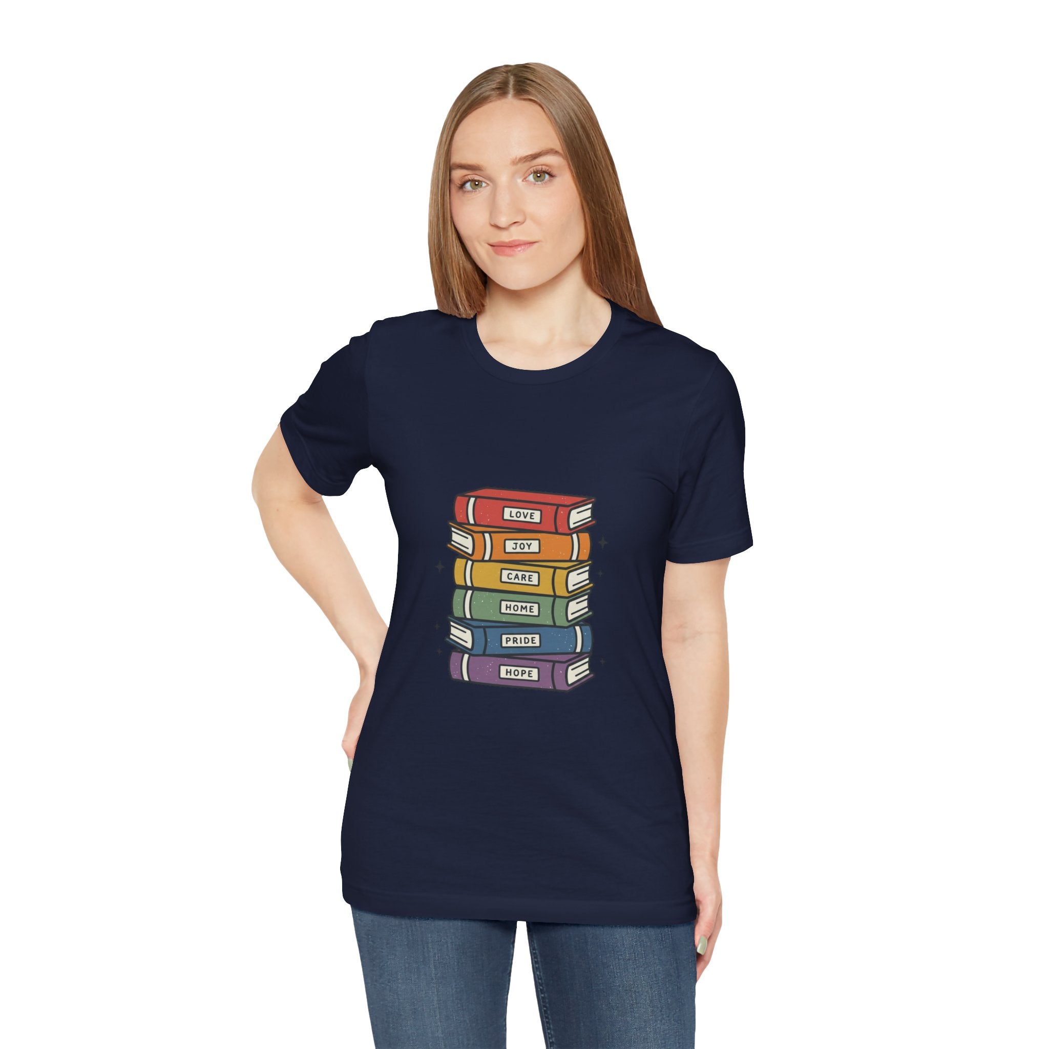 Rainbow Book Stack T-Shirt | Pride graphic, queer affirming tee