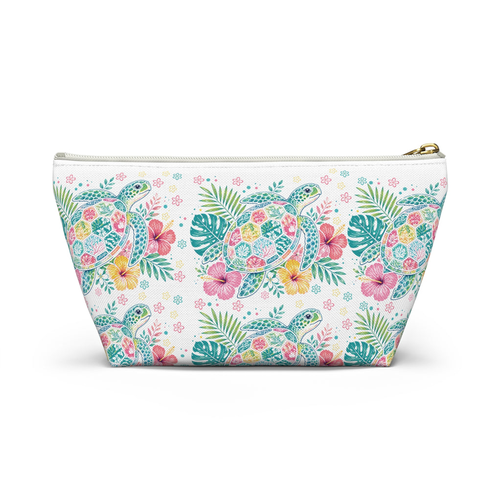 Watercolor Sea Turtle Floral Accessory Pouch | T-Bottom
