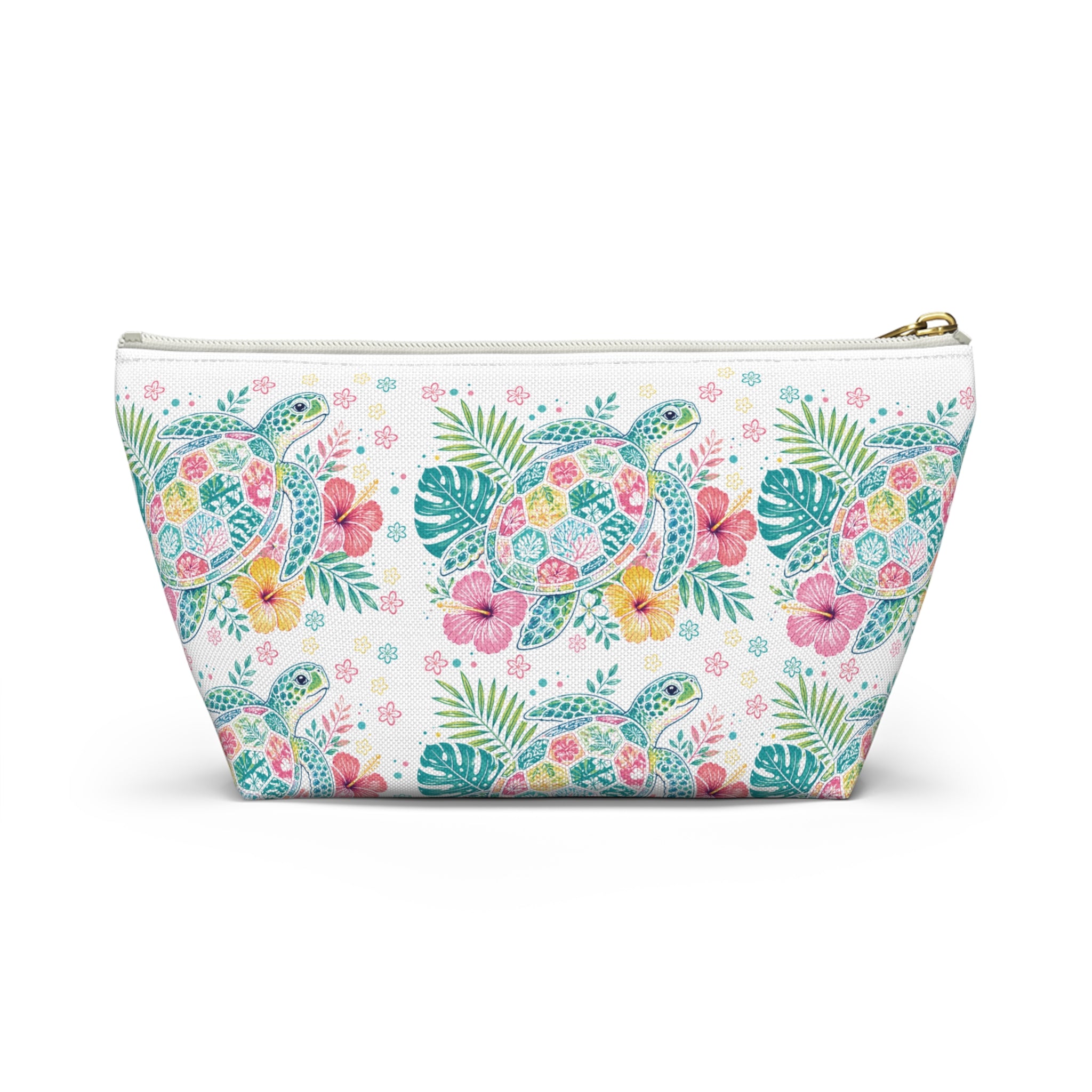 Watercolor Sea Turtle Floral Accessory Pouch | T-Bottom