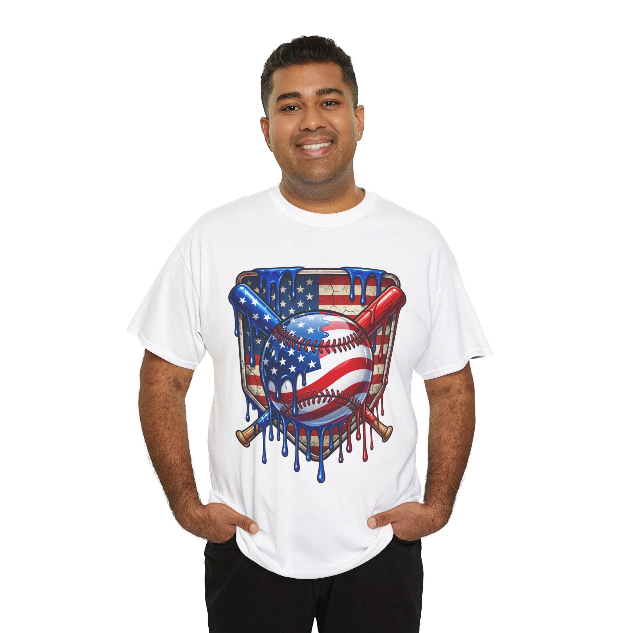 American Flag Baseball T-Shirt | USA patriotic baseball heart, dripping paint, bats, Fourth of July