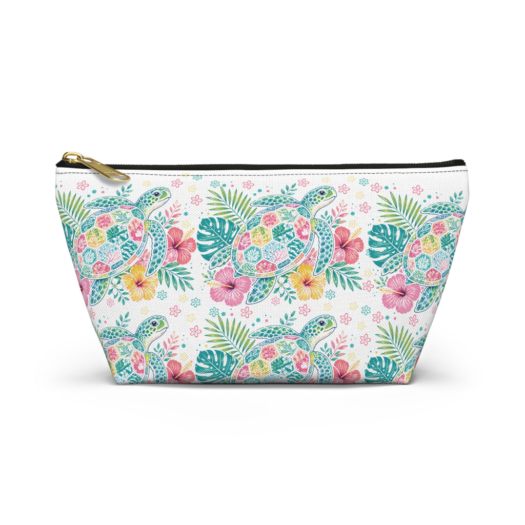 Watercolor Sea Turtle Floral Accessory Pouch | T-Bottom