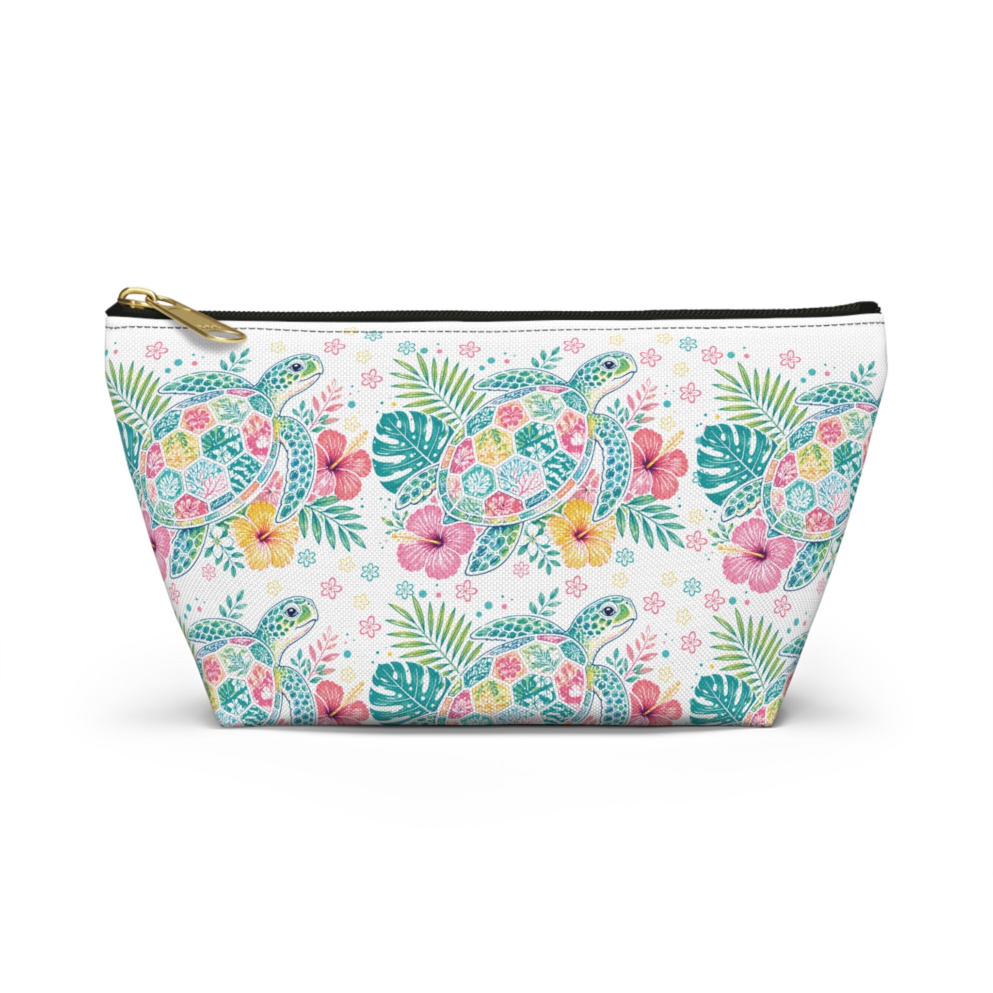 Watercolor Sea Turtle Floral Accessory Pouch | T-Bottom