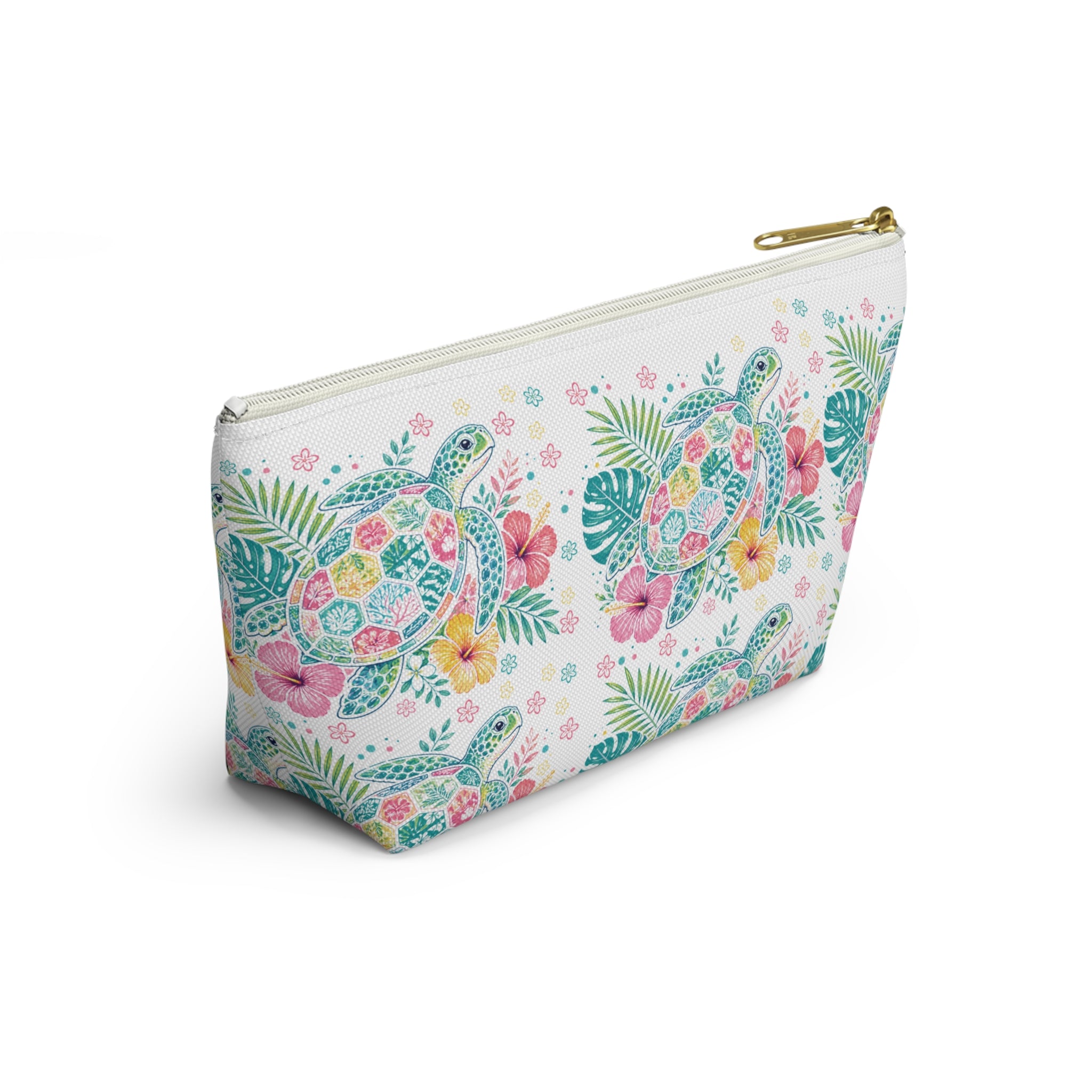 Watercolor Sea Turtle Floral Accessory Pouch | T-Bottom