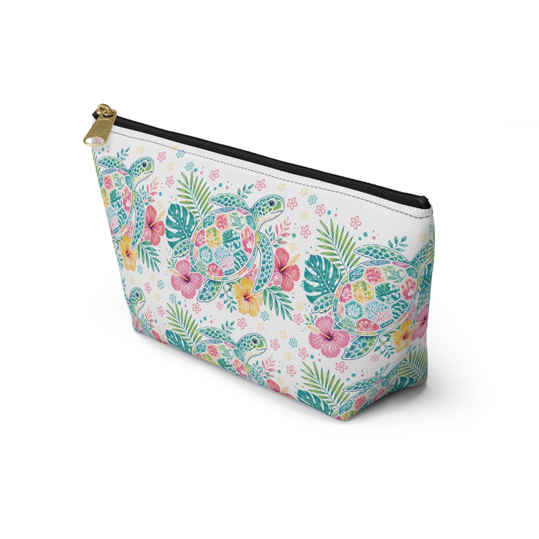 Watercolor Sea Turtle Floral Accessory Pouch | T-Bottom