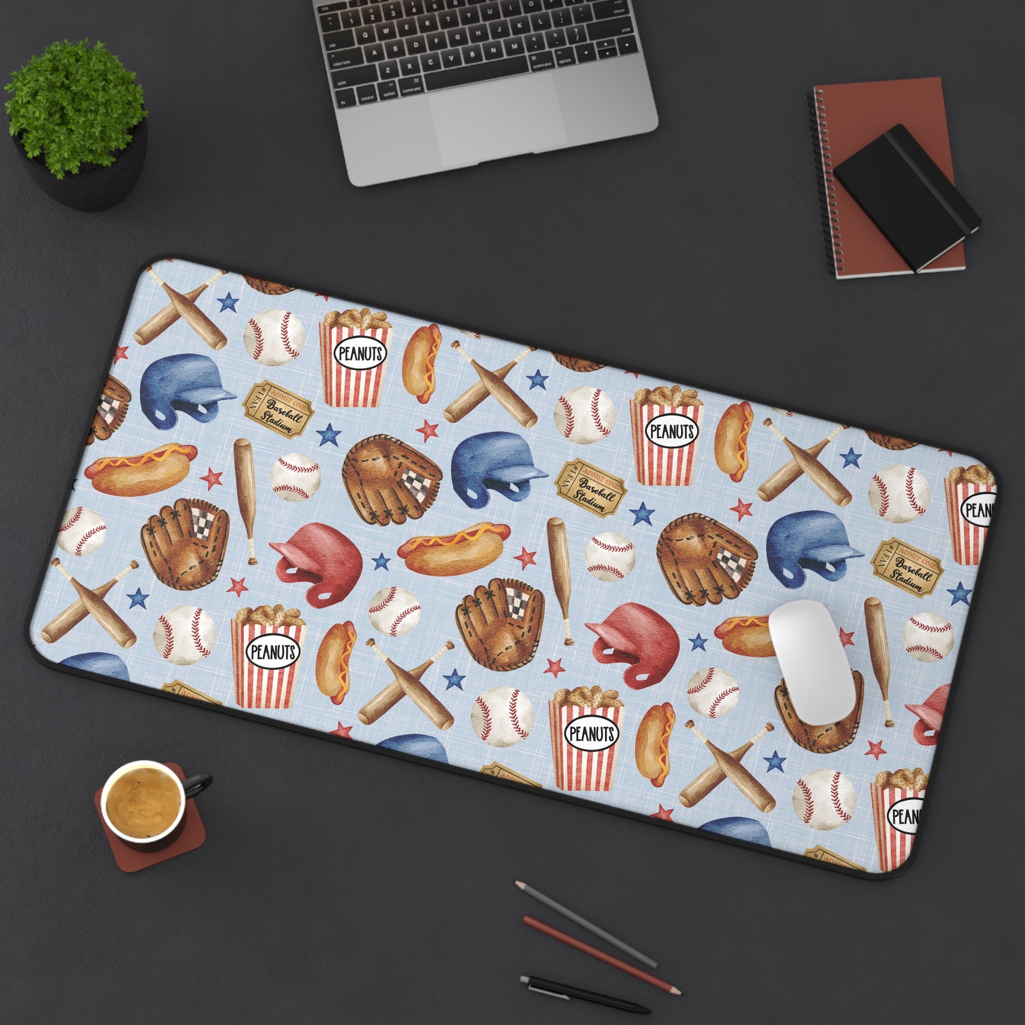 Baseball Pattern Desk Mat | Helmets, Gloves, Bats, Popcorn