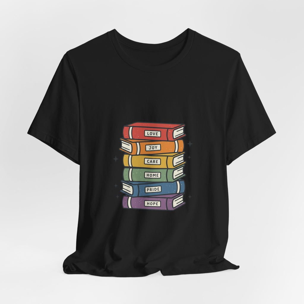 Rainbow Book Stack T-Shirt | Pride graphic, queer affirming tee