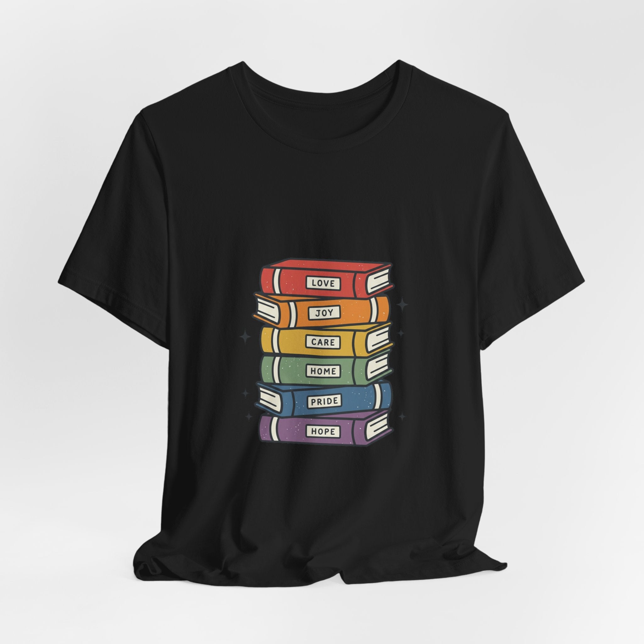 Rainbow Book Stack T-Shirt | Pride graphic, queer affirming tee