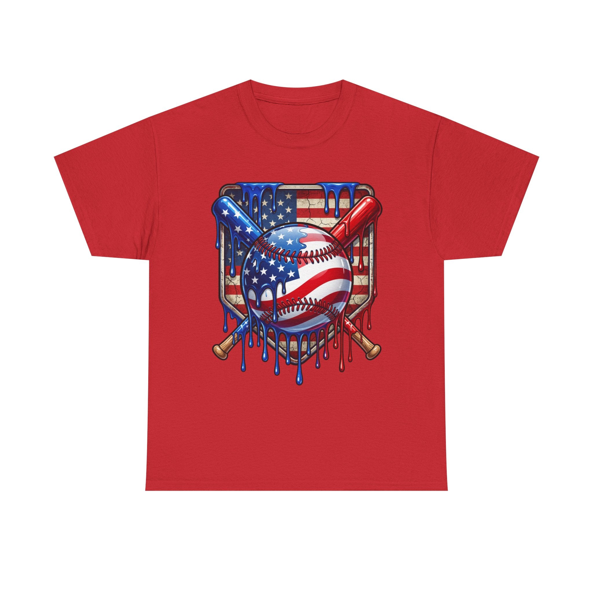 American Flag Baseball T-Shirt | USA patriotic baseball heart, dripping paint, bats, Fourth of July