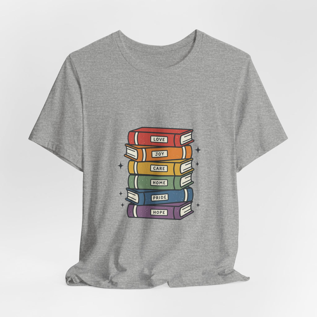 Rainbow Book Stack T-Shirt | Pride graphic, queer affirming tee