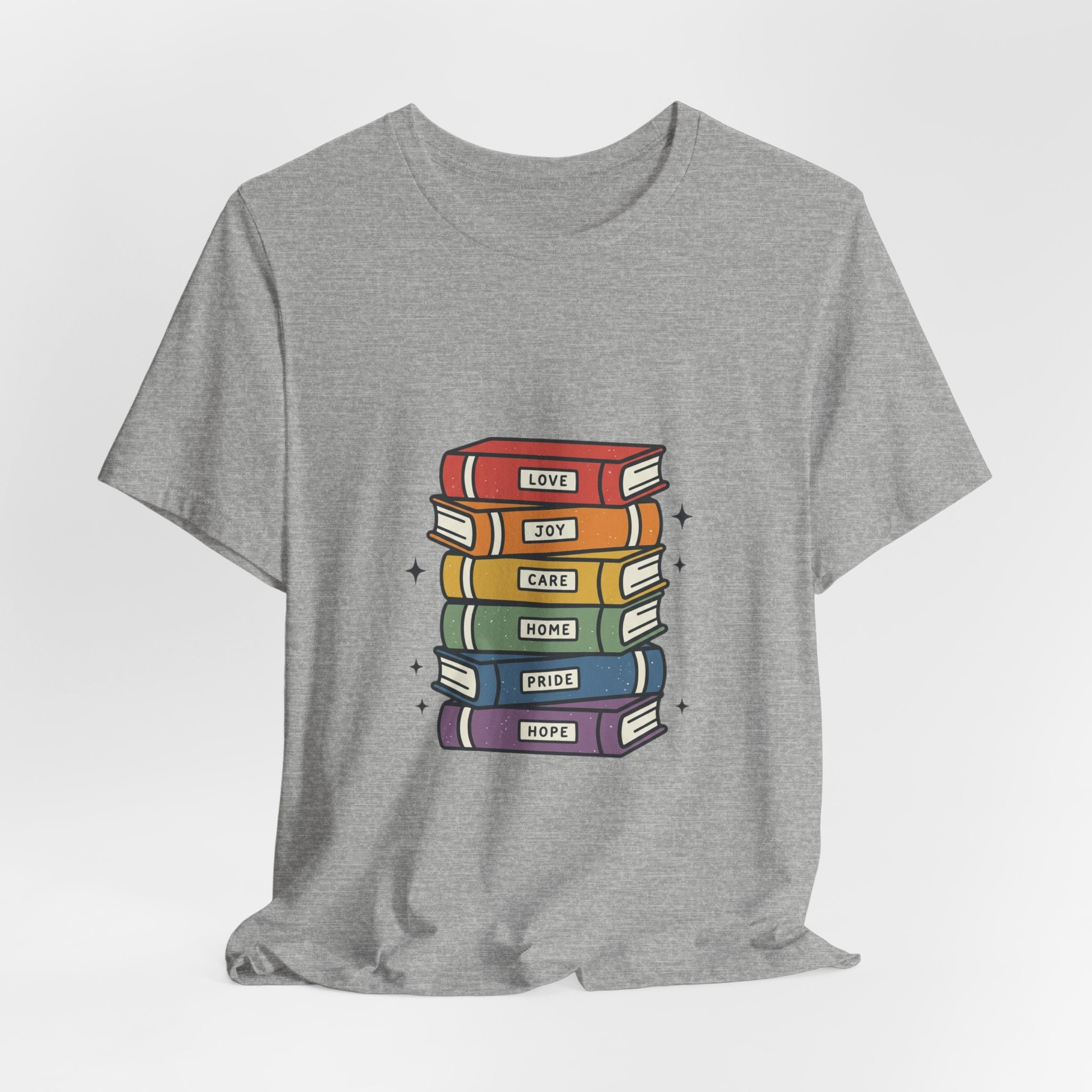 Rainbow Book Stack T-Shirt | Pride graphic, queer affirming tee