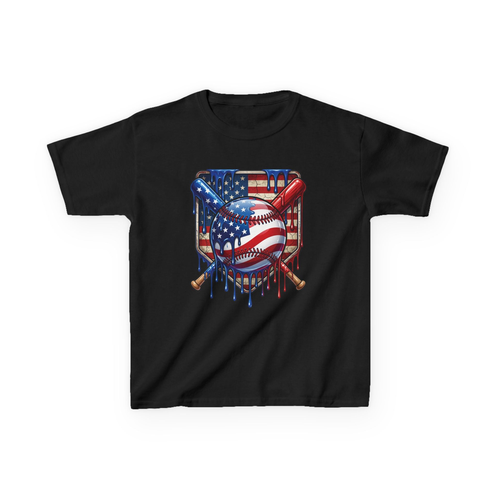 American Flag Dripping Baseball Kids Tee | Patriotic Baseball, Crossed Bats