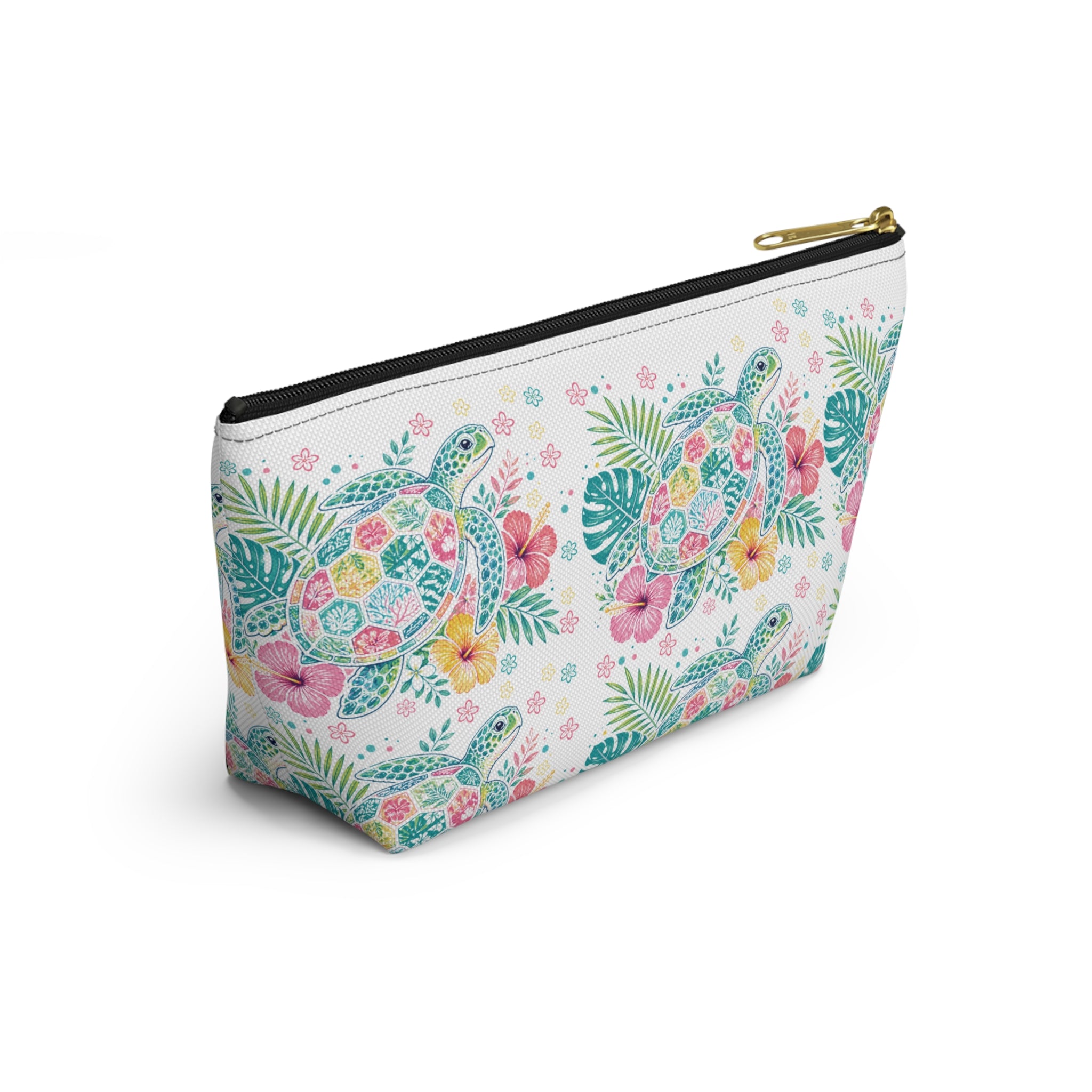 Watercolor Sea Turtle Floral Accessory Pouch | T-Bottom