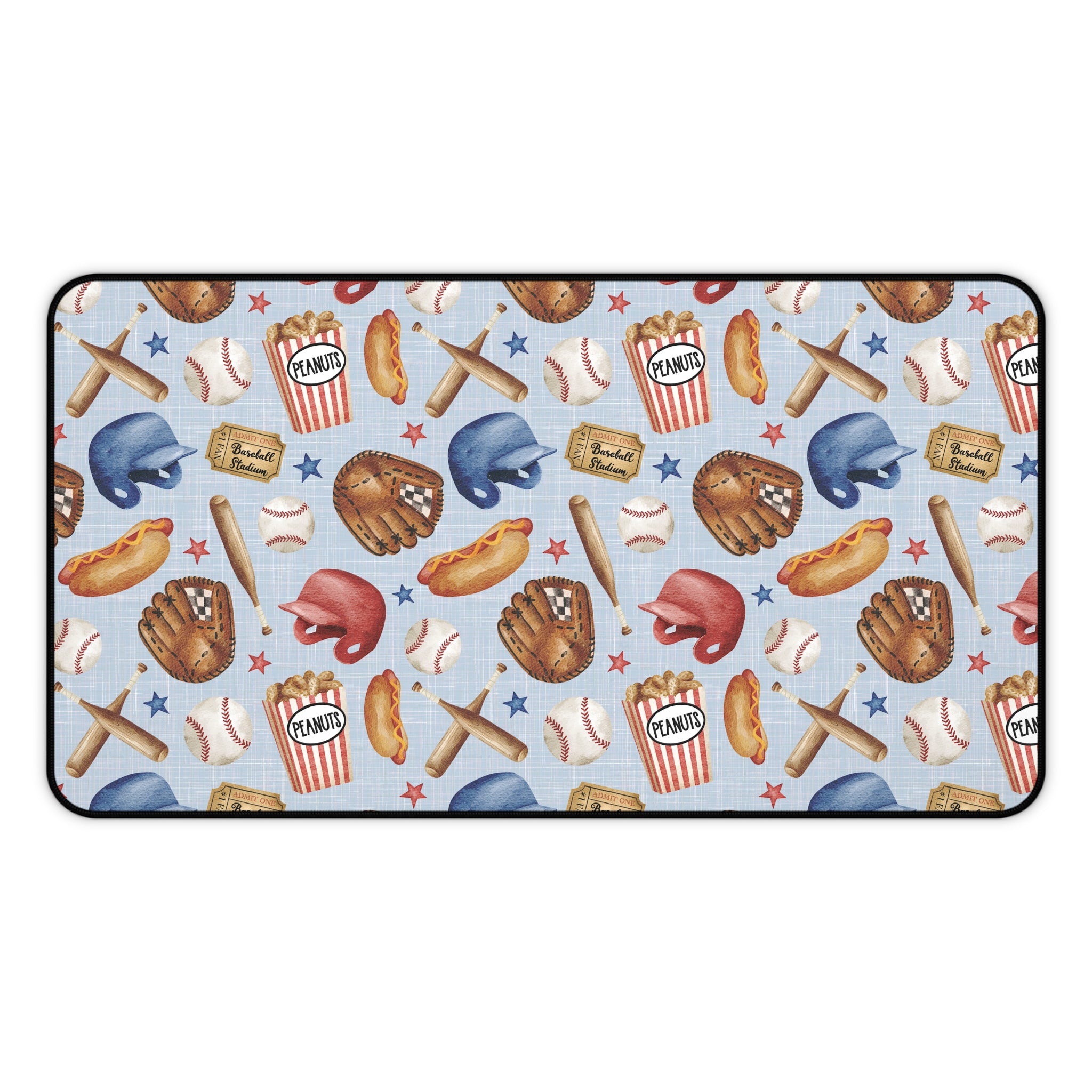 Baseball Pattern Desk Mat | Helmets, Gloves, Bats, Popcorn