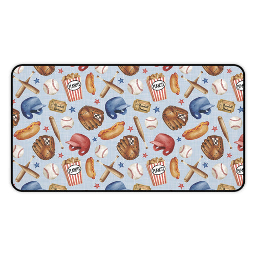 Baseball Pattern Desk Mat | Helmets, Gloves, Bats, Popcorn