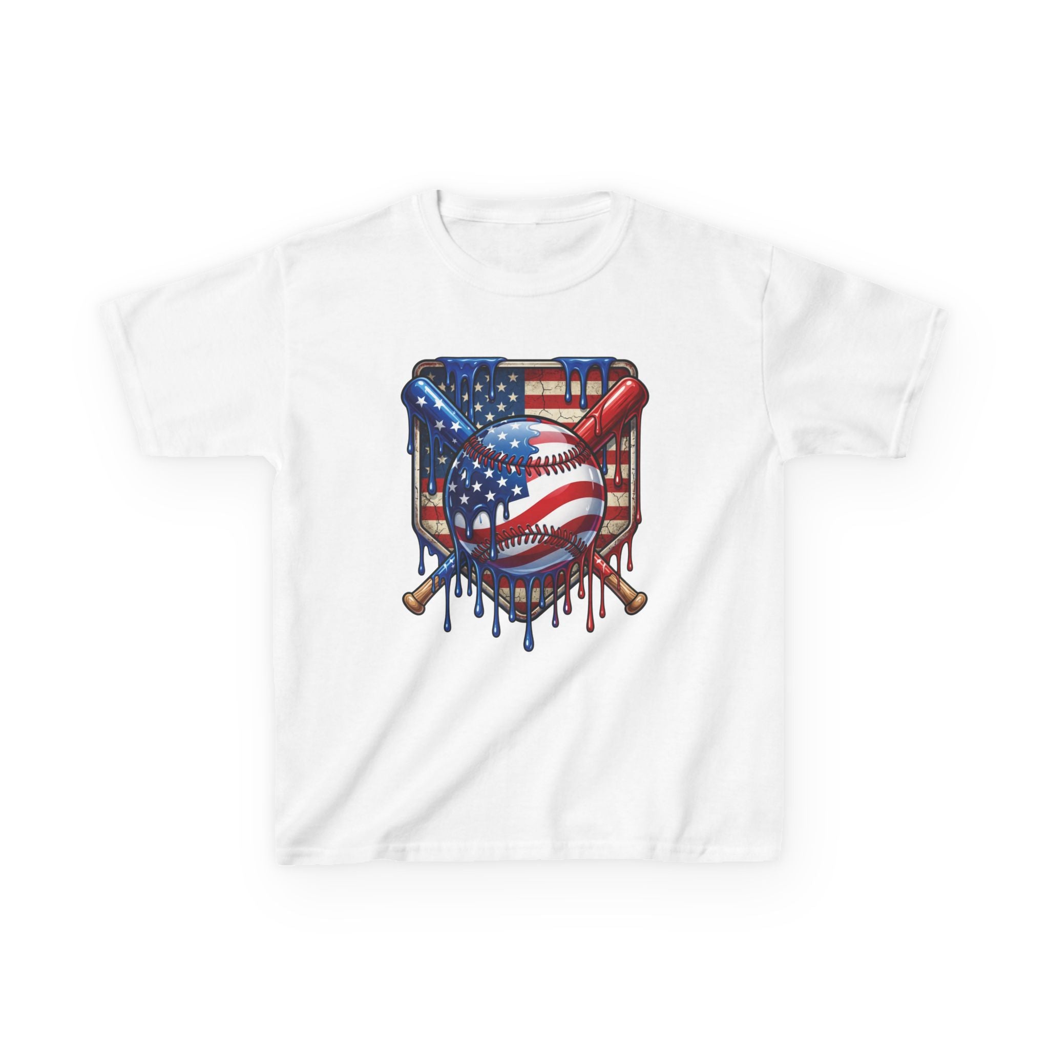 American Flag Dripping Baseball Kids Tee | Patriotic Baseball, Crossed Bats