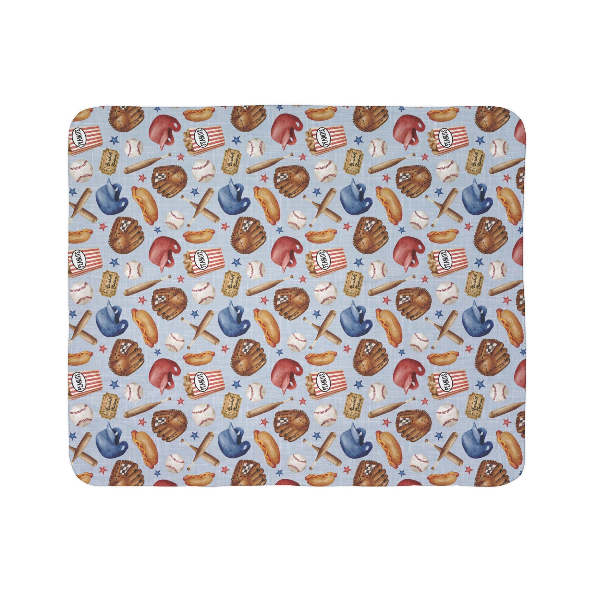 Baseball Pattern Fleece Blanket | Baseballs, Gloves, Bats, Popcorn