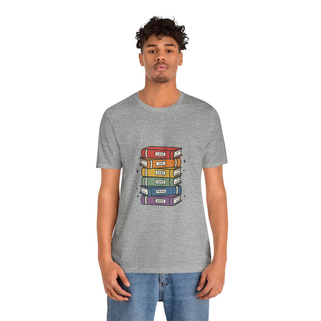 Rainbow Book Stack T-Shirt | Pride graphic, queer affirming tee