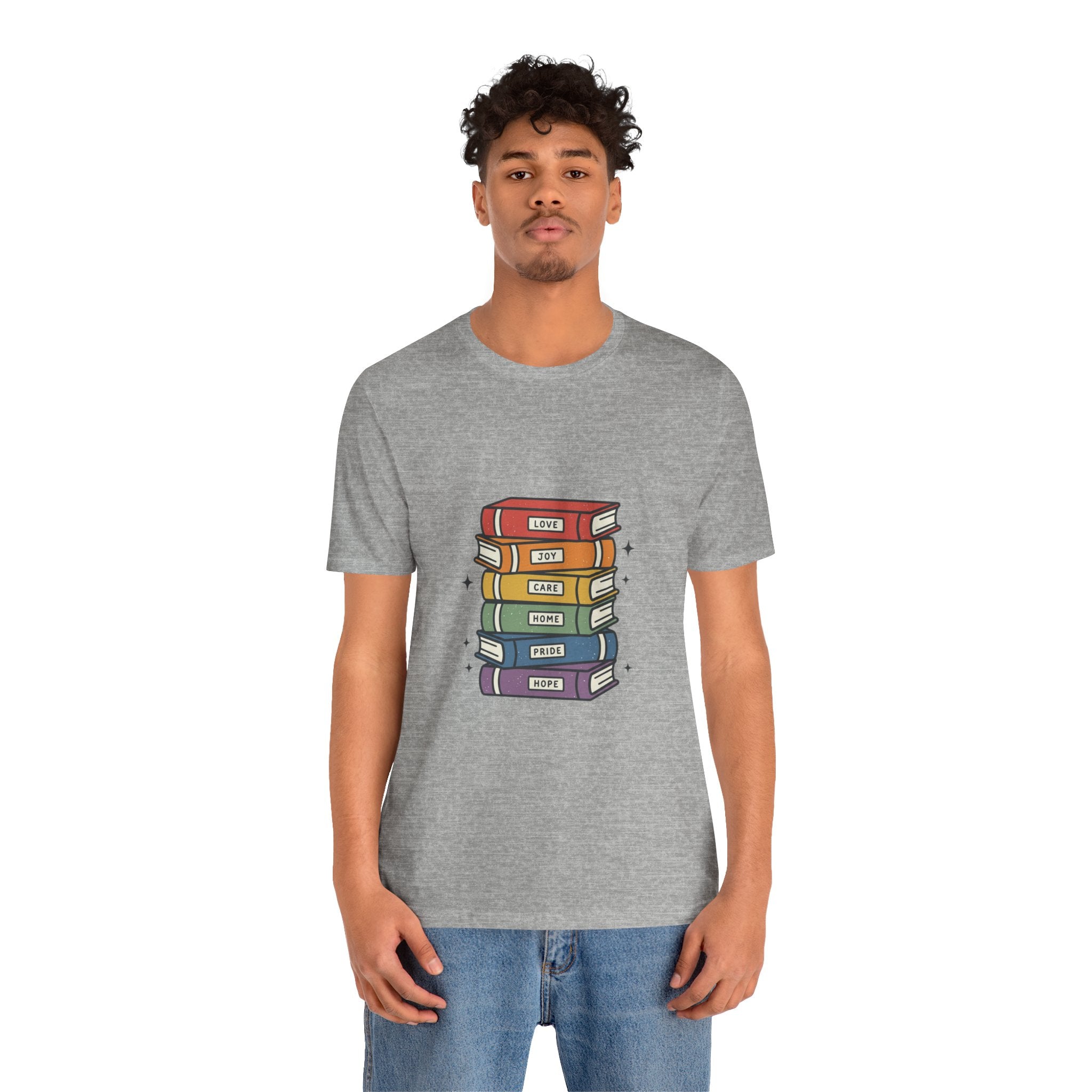 Rainbow Book Stack T-Shirt | Pride graphic, queer affirming tee