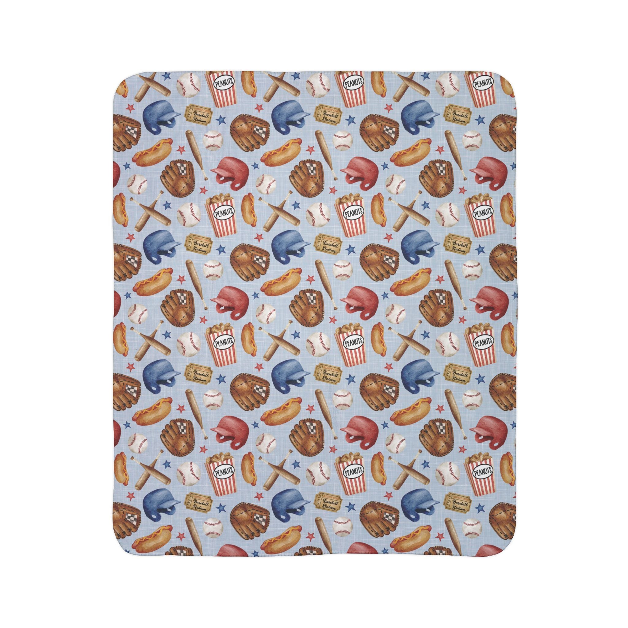Baseball Pattern Fleece Blanket | Baseballs, Gloves, Bats, Popcorn