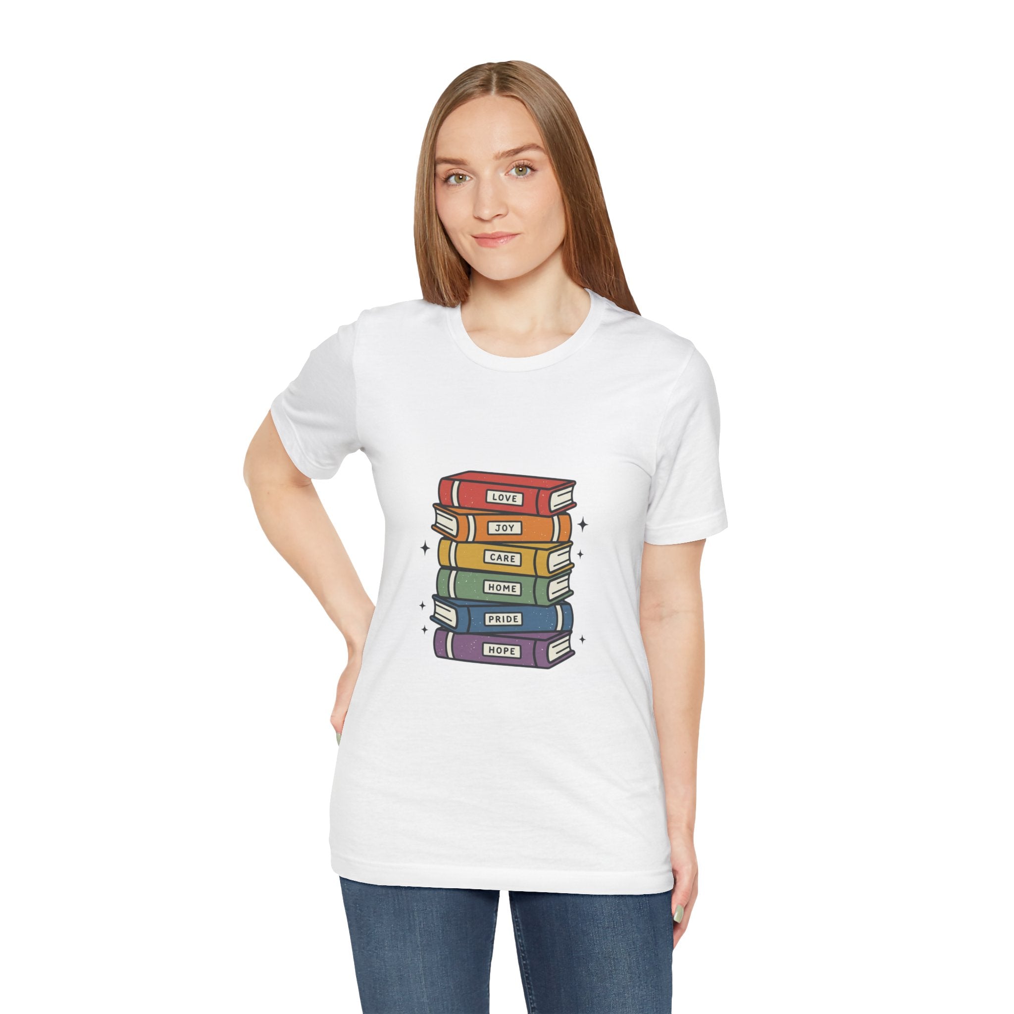 Rainbow Book Stack T-Shirt | Pride graphic, queer affirming tee