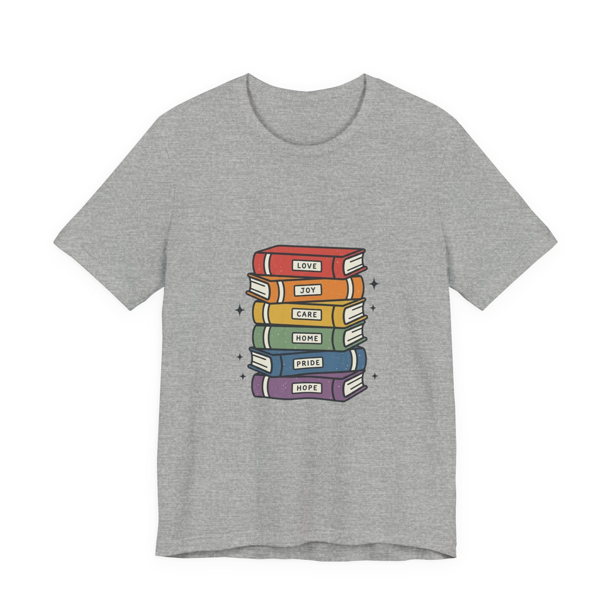 Rainbow Book Stack T-Shirt | Pride graphic, queer affirming tee