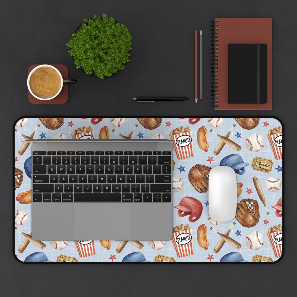 Baseball Pattern Desk Mat | Helmets, Gloves, Bats, Popcorn