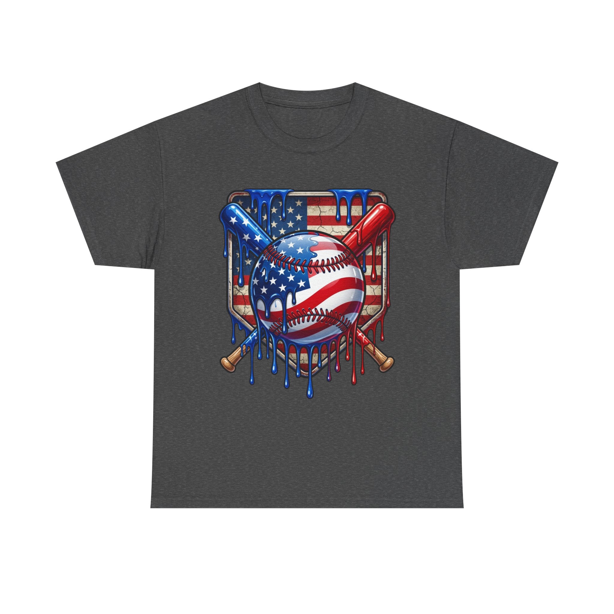 American Flag Baseball T-Shirt | USA patriotic baseball heart, dripping paint, bats, Fourth of July