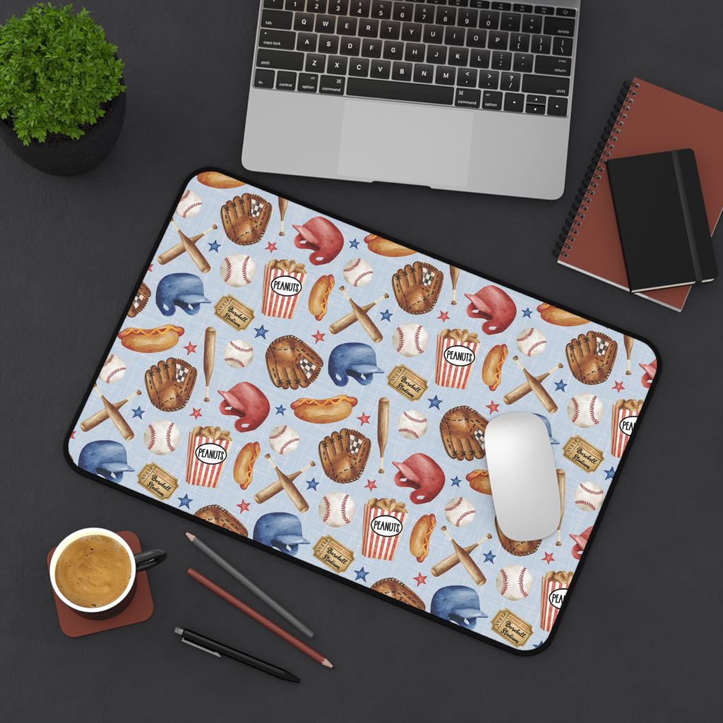 Baseball Pattern Desk Mat | Helmets, Gloves, Bats, Popcorn
