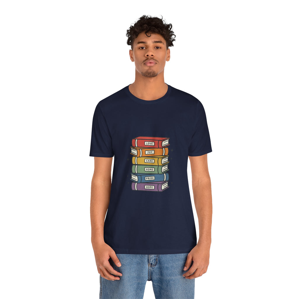 Rainbow Book Stack T-Shirt | Pride graphic, queer affirming tee