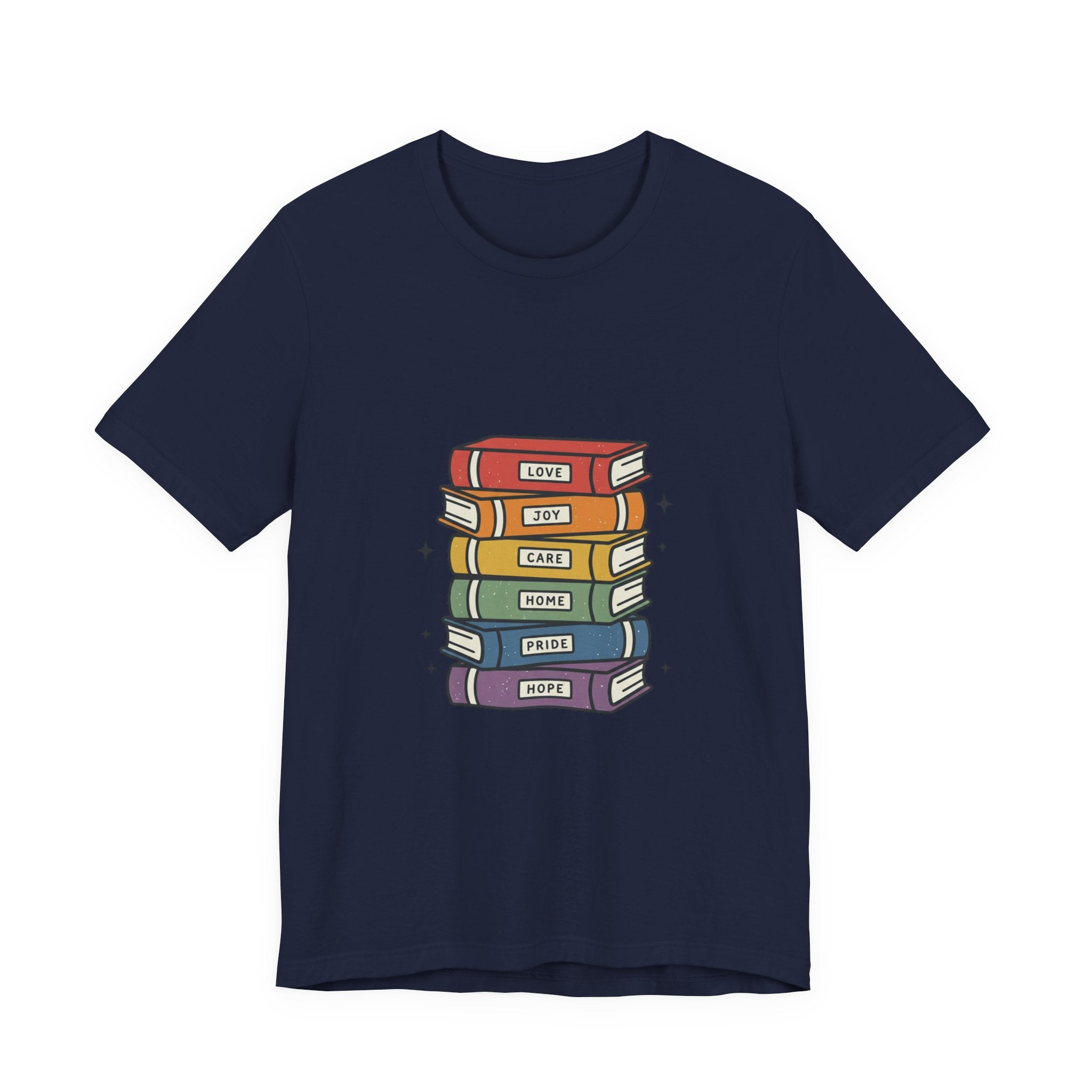Rainbow Book Stack T-Shirt | Pride graphic, queer affirming tee
