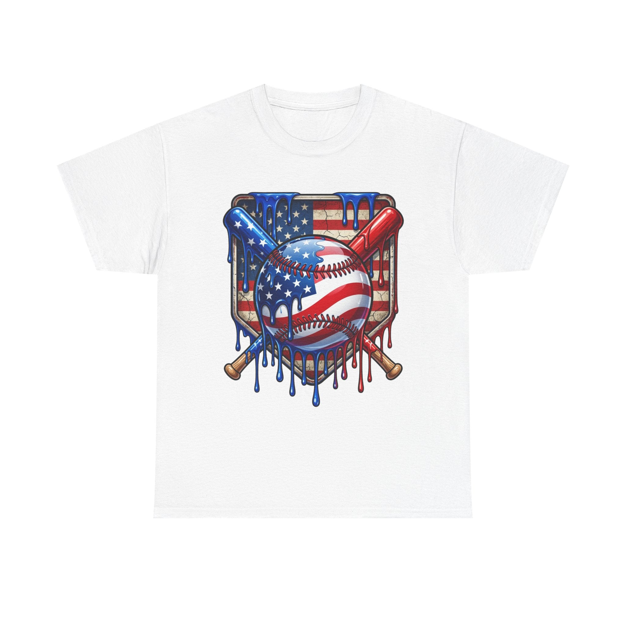 American Flag Baseball T-Shirt | USA patriotic baseball heart, dripping paint, bats, Fourth of July