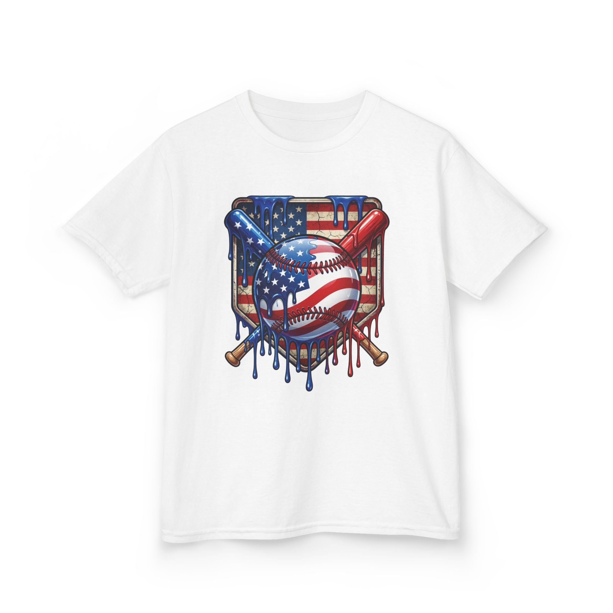 American Flag Dripping Baseball Kids Tee | Patriotic Baseball, Crossed Bats