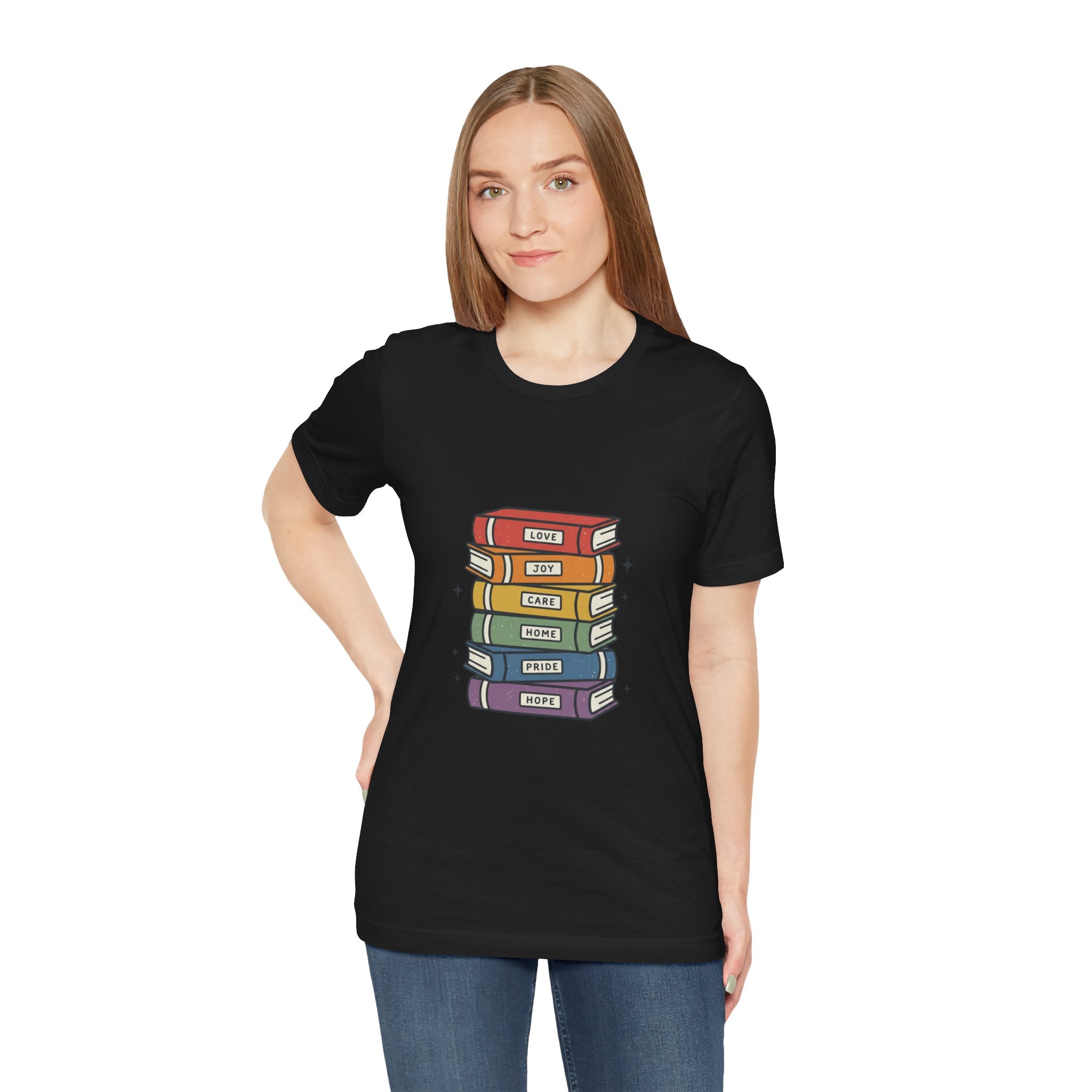 Rainbow Book Stack T-Shirt | Pride graphic, queer affirming tee