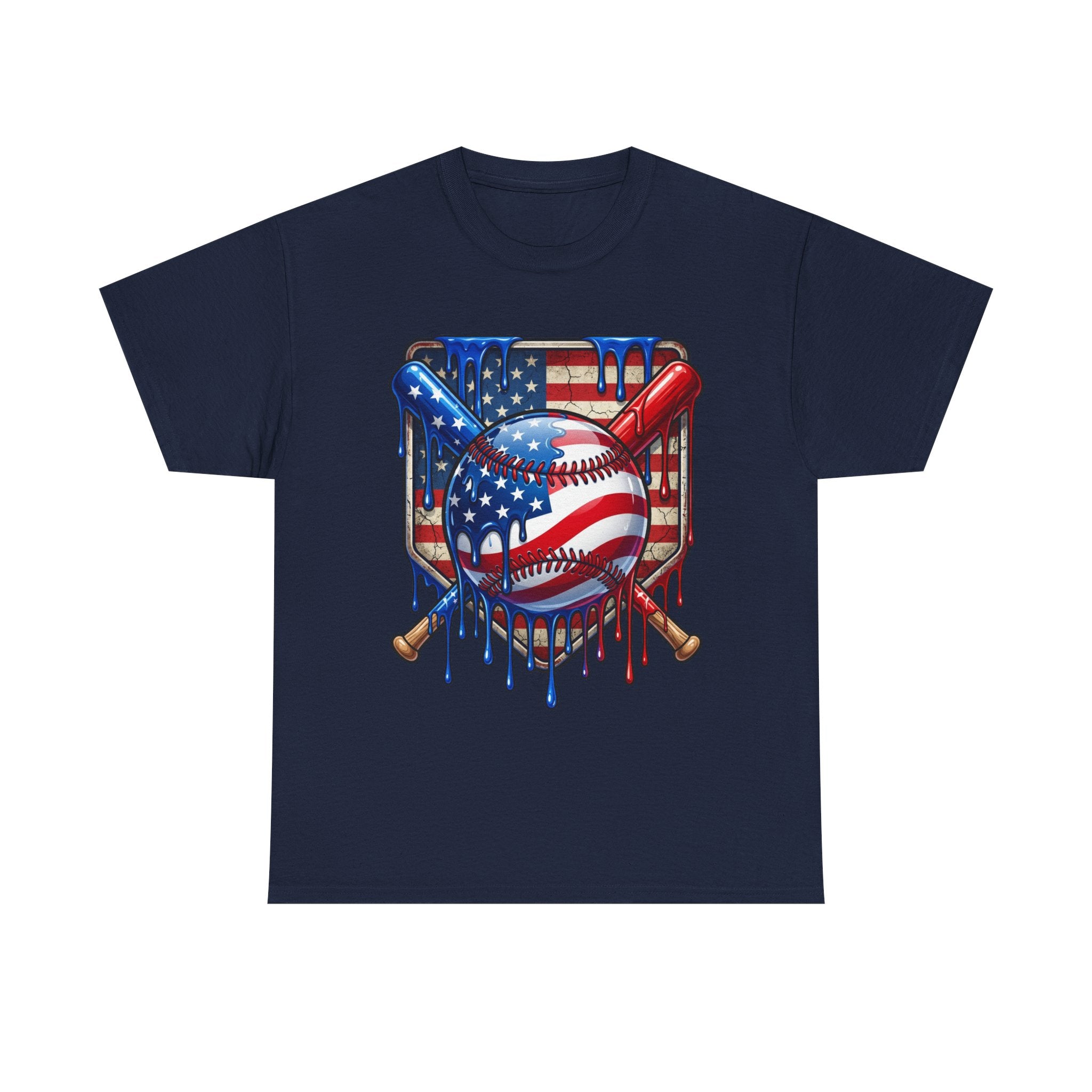 American Flag Baseball T-Shirt | USA patriotic baseball heart, dripping paint, bats, Fourth of July