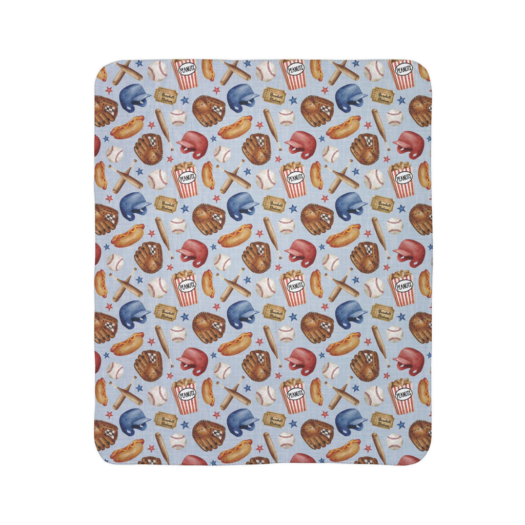 Baseball Pattern Fleece Blanket | Baseballs, Gloves, Bats, Popcorn