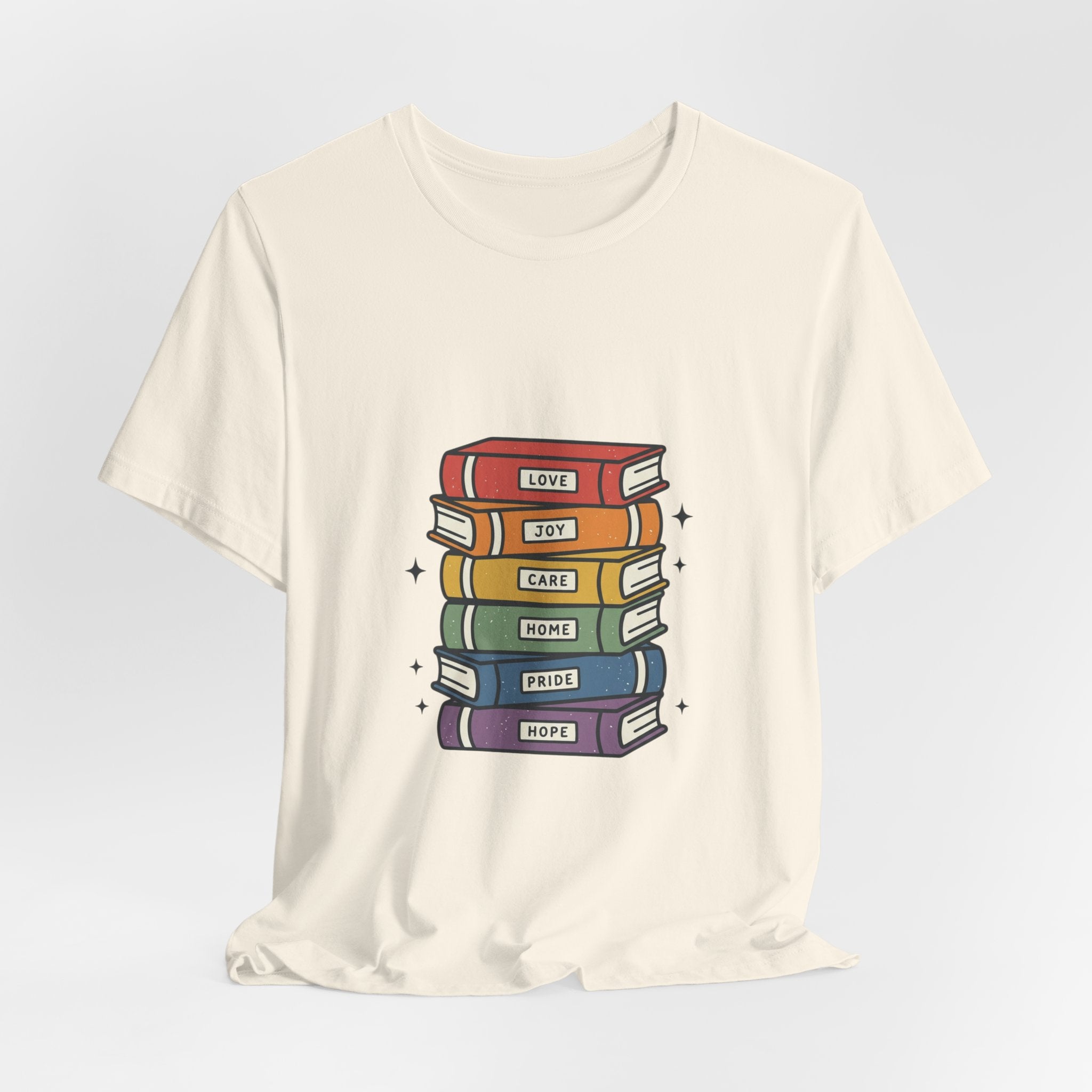 Rainbow Book Stack T-Shirt | Pride graphic, queer affirming tee